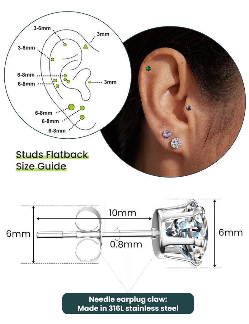 WSSXC 12 Pairs Silver Earrings - Surgical Steel Women's & Men's Hypoallergenic Earrings Set - 12 Colors Cubic Zirconia Studs - Image 5